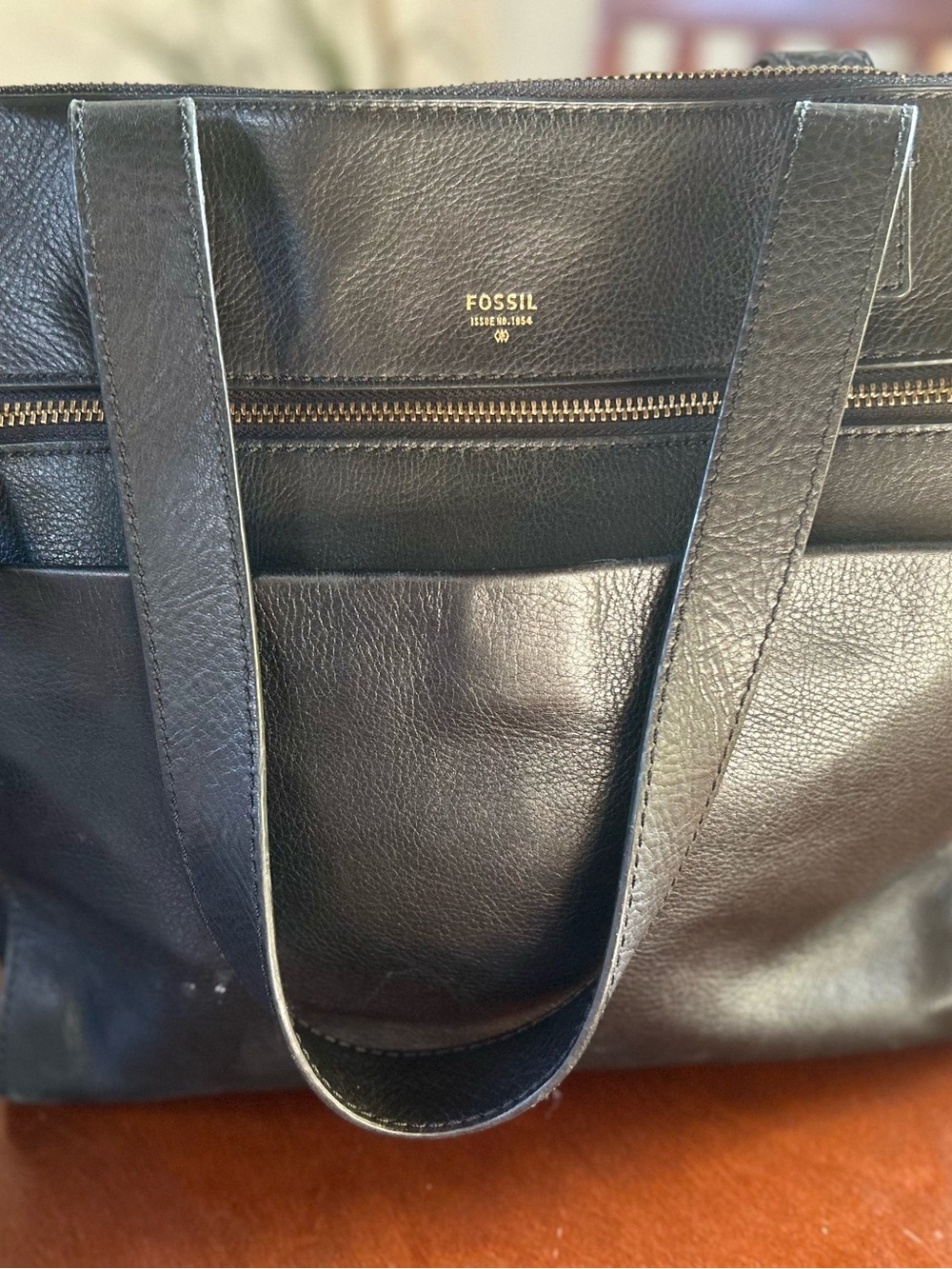 Fossil Black Leather Shoulder Tote with Gold Hardware